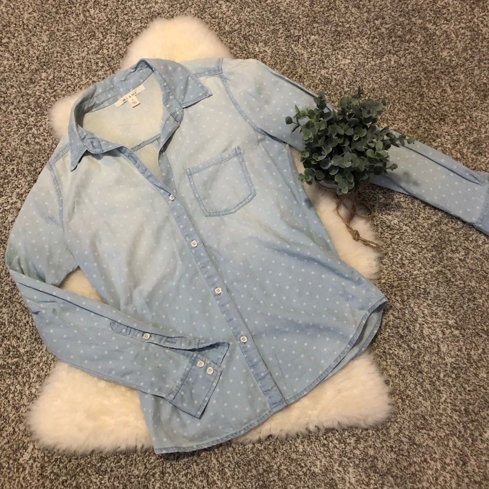 Distressed Polka Dot Denim Button-Up